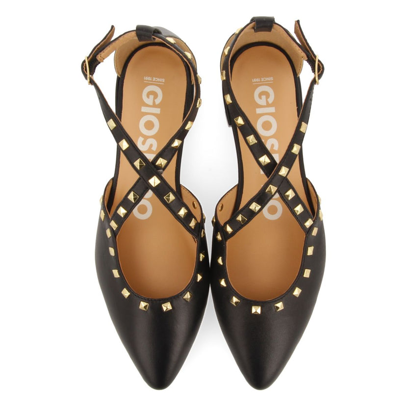 BAILARINAS DE PIEL COLOR NEGRO CON PUNTA FINA Y DETALLE DE TACHAS PARA MUJER GARCON
