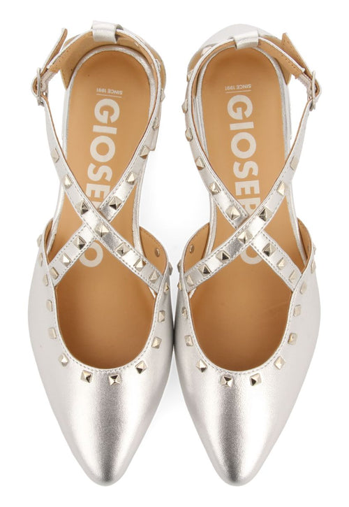 BAILARINAS DE PIEL COLOR PLATEADO CON PUNTA FINA Y DETALLE DE TACHAS PARA MUJER GARCON