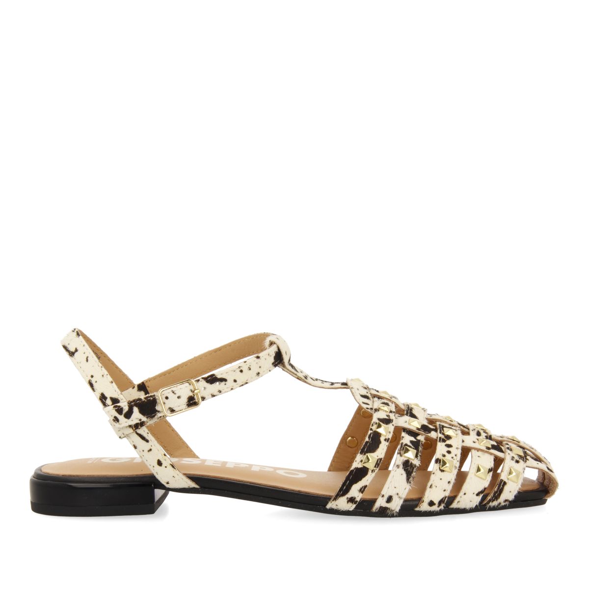 LEATHER CRAB-STYLE SANDALS WITH ANIMAL PRINT AND STUDS FOR WOMEN BY CONNERTON