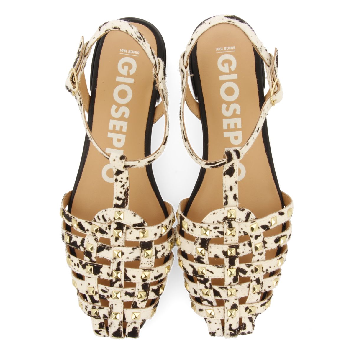 LEATHER CRAB-STYLE SANDALS WITH ANIMAL PRINT AND STUDS FOR WOMEN BY CONNERTON