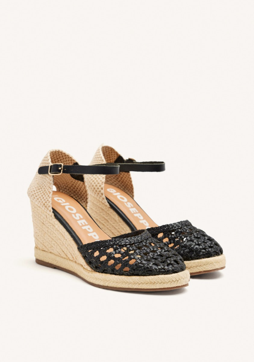 BLACK LEATHER BRAIDED WEDGE ESPADRILLES FOR WOMEN SERIGNAN
