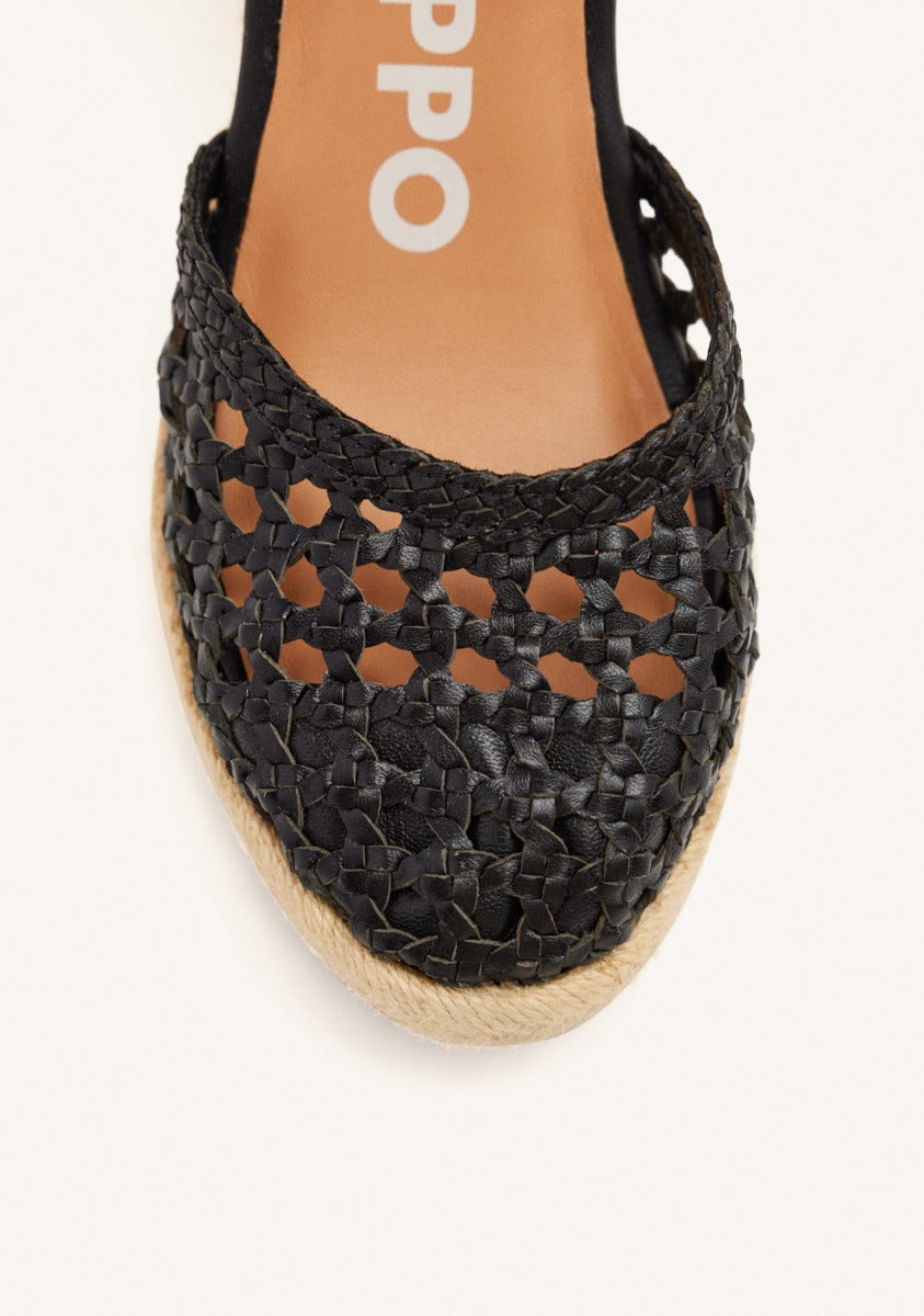 BLACK LEATHER BRAIDED WEDGE ESPADRILLES FOR WOMEN SERIGNAN