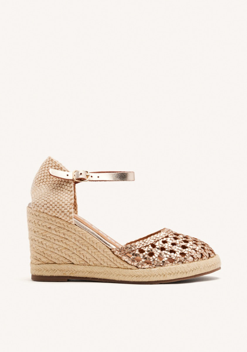 PLATINUM COLOR BRAIDED LEATHER HIGH WEDGE ESPADRILLES FOR WOMEN SERIGNAN