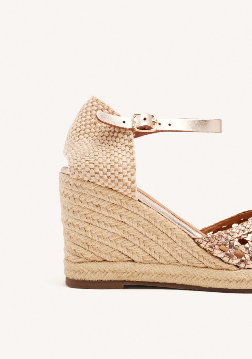 PLATINUM COLOR BRAIDED LEATHER HIGH WEDGE ESPADRILLES FOR WOMEN SERIGNAN