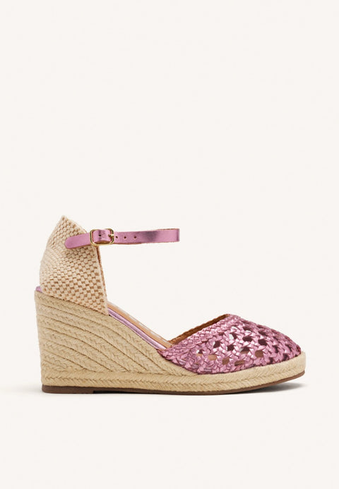 SCARPE ROSA IN PELLE INTRECCIATA CON ZEPPA ALTA IN IUTA PER DONNA SERIGNAN