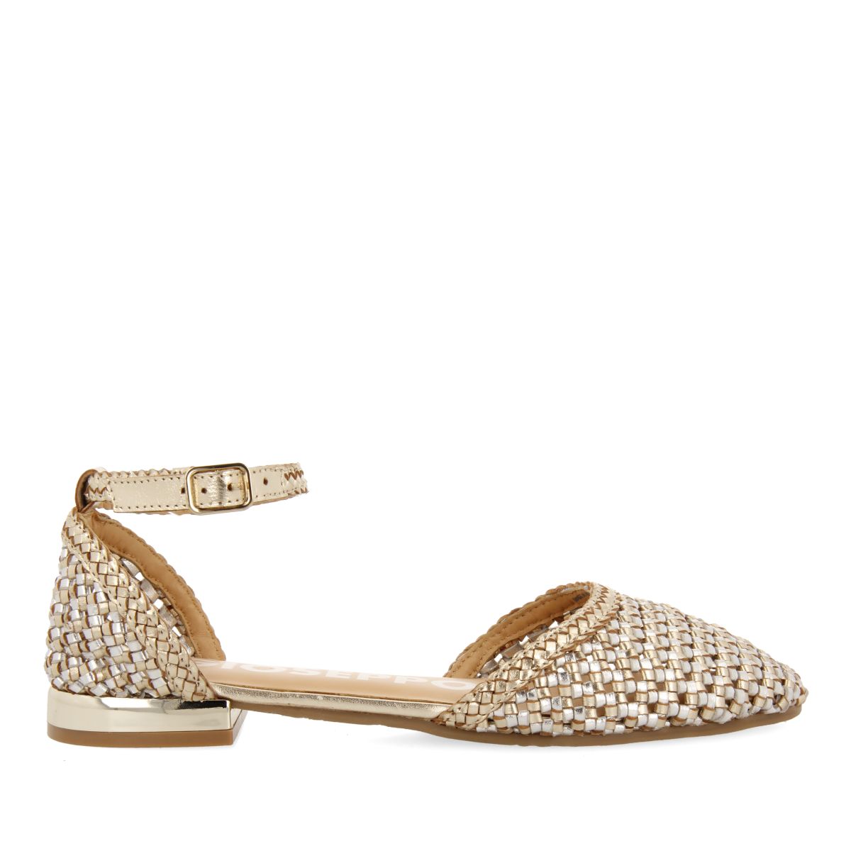 BAILARINAS DORADAS DE PIEL TRENZADA CON CIERRE CON PULSERA PARA MUJER KONISPOL