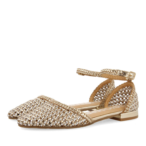 GOLDEN BRAIDED LEATHER BALLERINAS WITH BRACELET CLOSURE FOR WOMEN KONISPOL