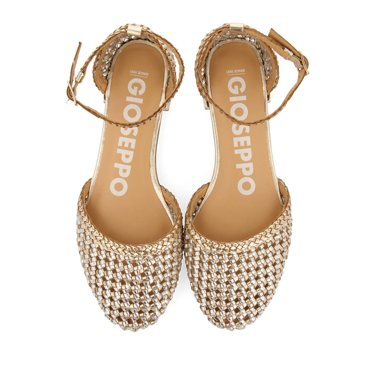 BAILARINAS DORADAS DE PIEL TRENZADA CON CIERRE CON PULSERA PARA MUJER KONISPOL