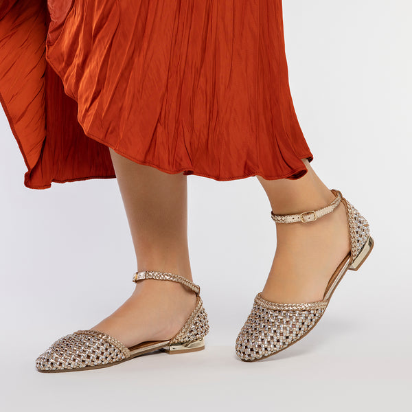 GOLDEN BRAIDED LEATHER BALLERINAS WITH BRACELET CLOSURE FOR WOMEN KONISPOL