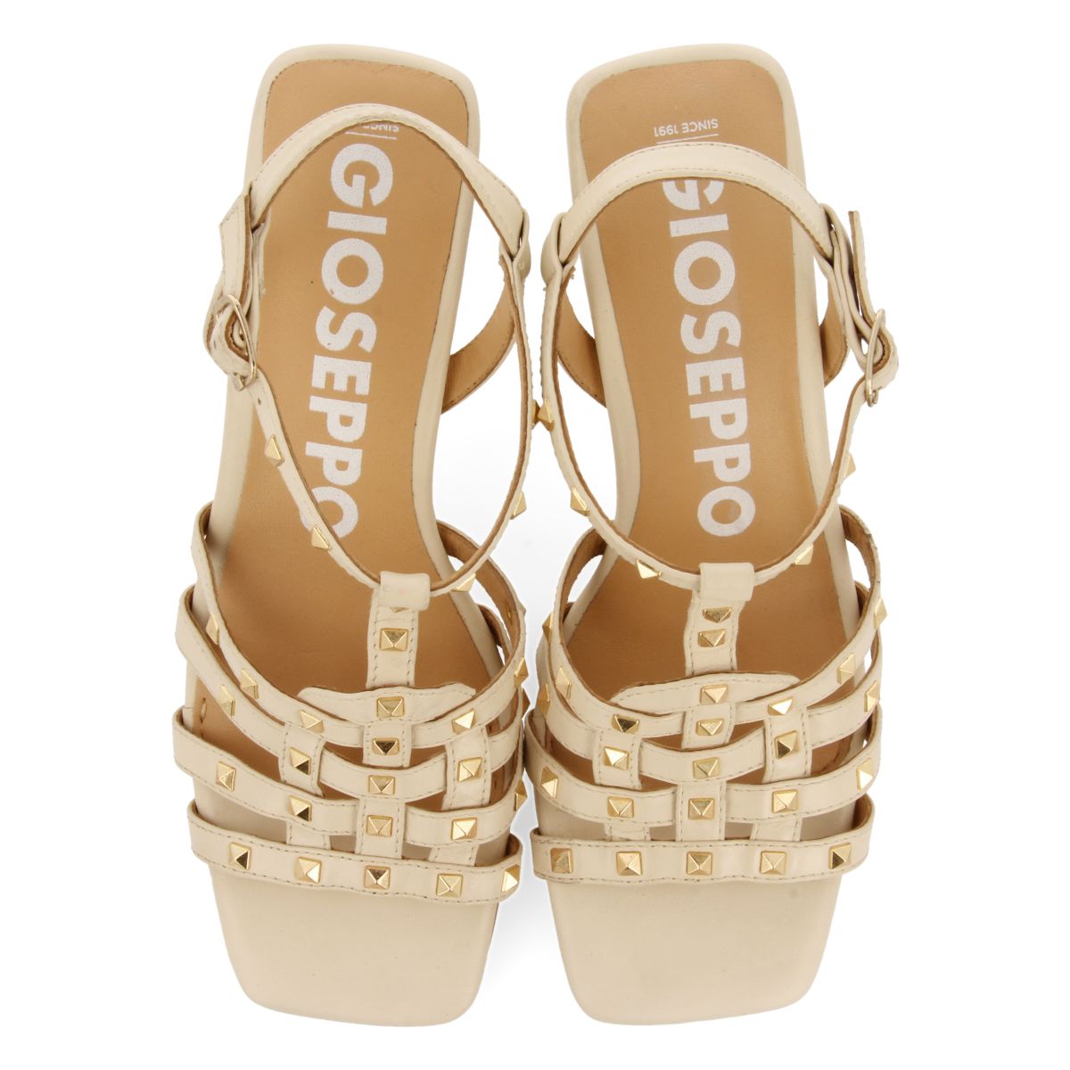 SANDALIAS OFF-WHITE DE TACÓN TIPO CANGREJERA CON ADORNOS DE TACHAS PARA MUJER KRIZEVCI