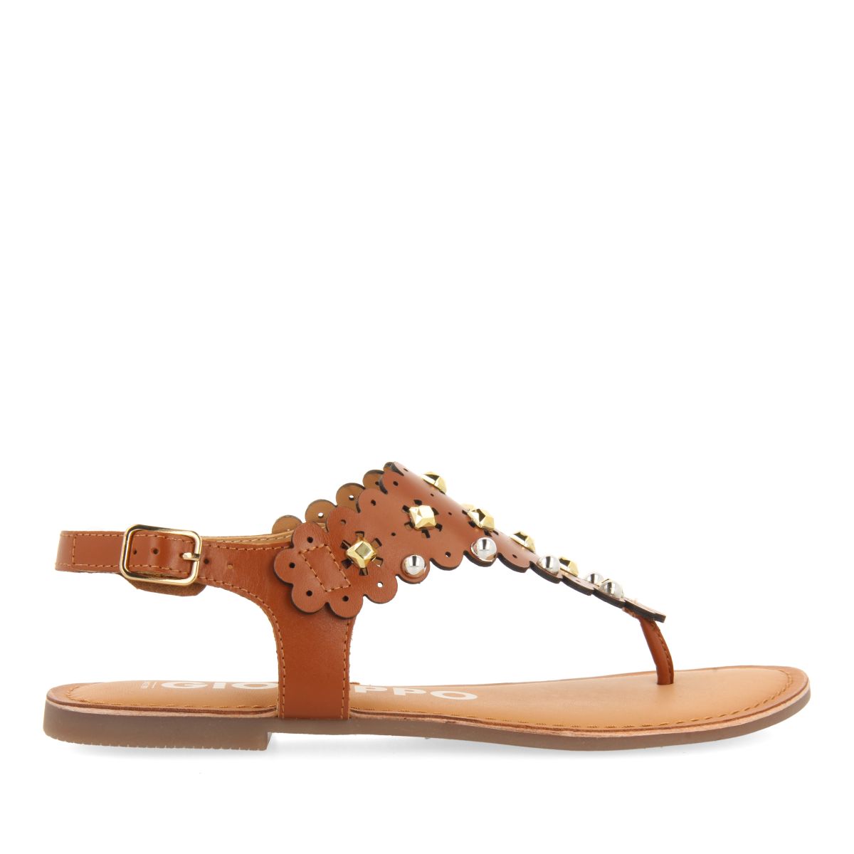 SANDALIAS COLOR CUERO DE PIEL CON ADORNO DE FLORES CON TACHAS PARA MUJER PRELOJ