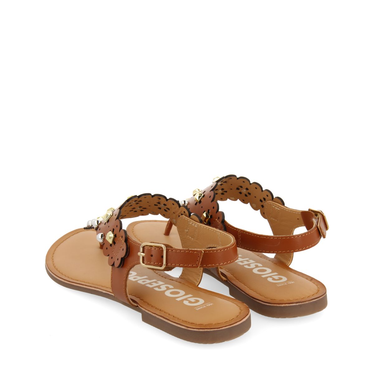 SANDALIAS COLOR CUERO DE PIEL CON ADORNO DE FLORES CON TACHAS PARA MUJER PRELOJ