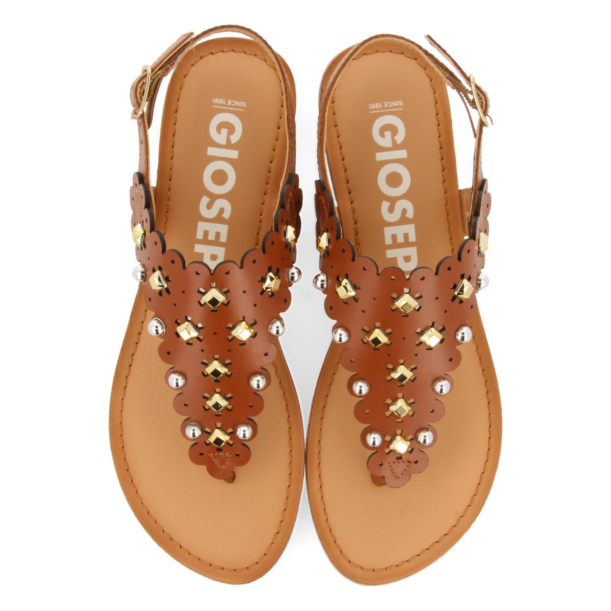 SANDALIAS COLOR CUERO DE PIEL CON ADORNO DE FLORES CON TACHAS PARA MUJER PRELOJ