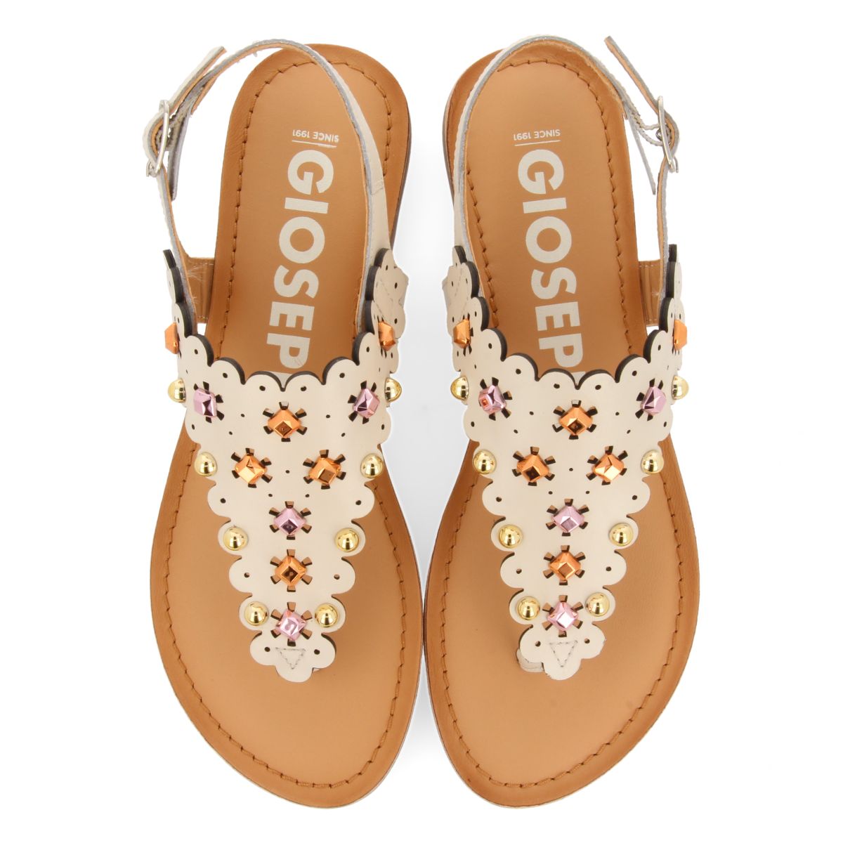 SANDALIAS COLOR OFF-WHITE DE PIEL CON ADORNO DE FLORES CON TACHAS PARA MUJER PRELOJ