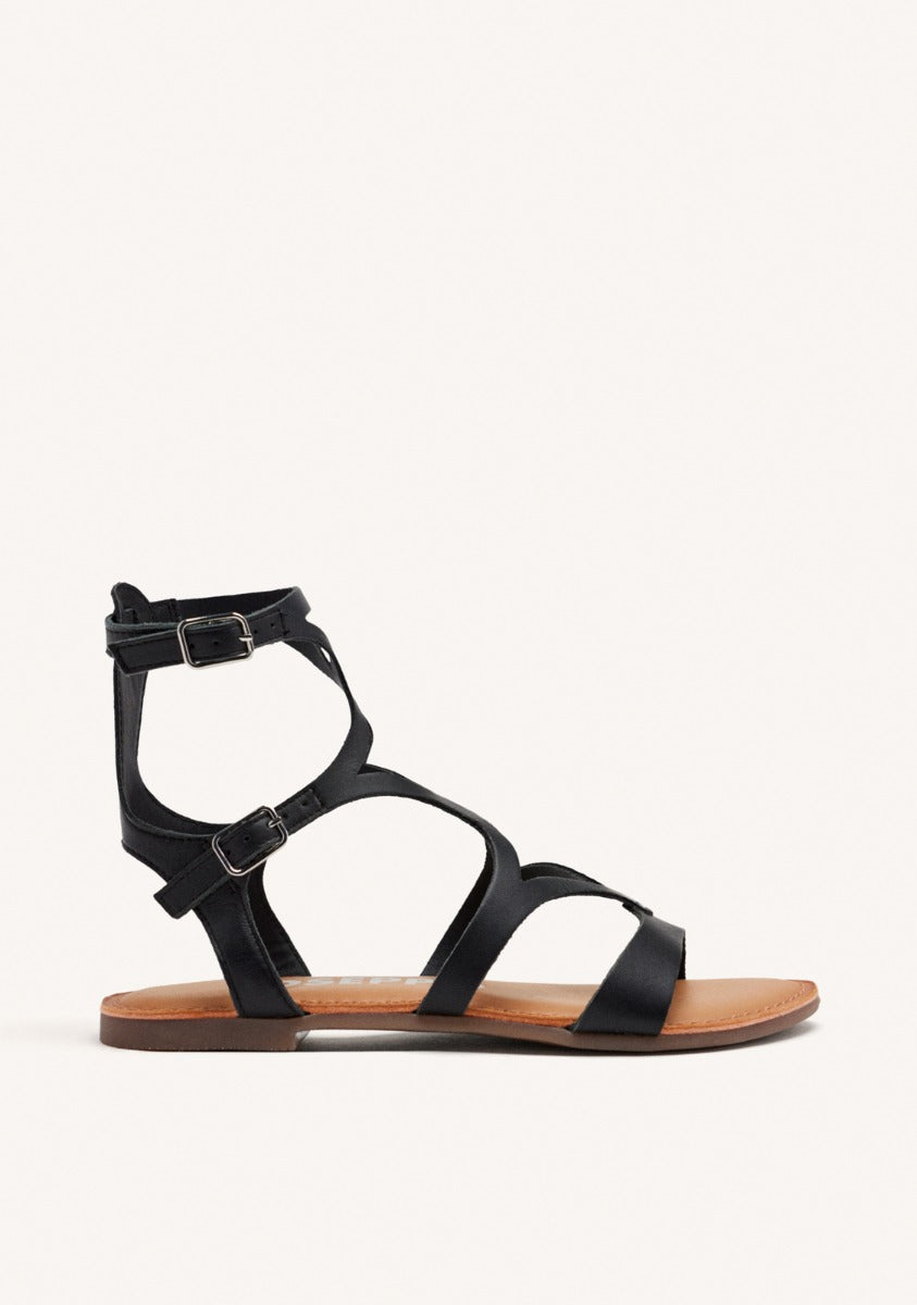 SANDÁLIAS PRETAS DE COURO ESTILO ROMANAS PARA MULHER TOPOJE