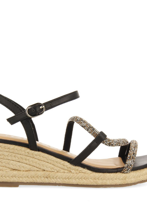 BLACK SANDALS WITH MULTICOLORED CRYSTAL STRAPS AND JUTE WEDGE FOR WOMEN CATANIA