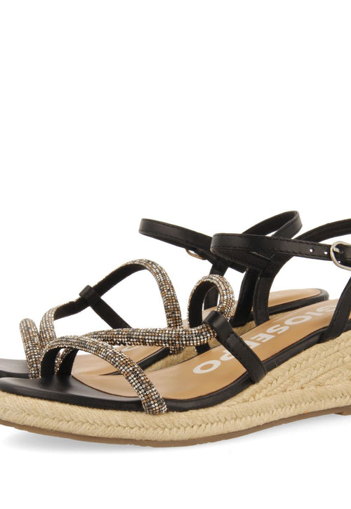 BLACK SANDALS WITH MULTICOLORED CRYSTAL STRAPS AND JUTE WEDGE FOR WOMEN CATANIA