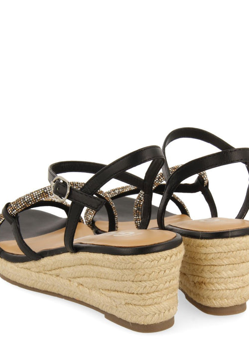BLACK SANDALS WITH MULTICOLORED CRYSTAL STRAPS AND JUTE WEDGE FOR WOMEN CATANIA