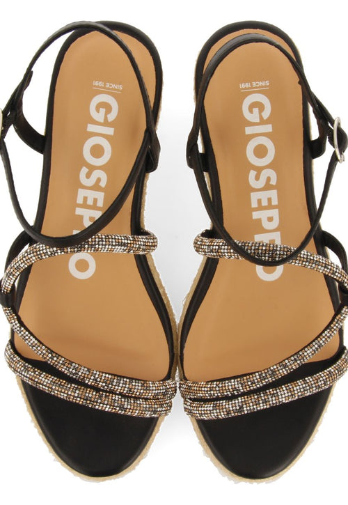 BLACK SANDALS WITH MULTICOLORED CRYSTAL STRAPS AND JUTE WEDGE FOR WOMEN CATANIA
