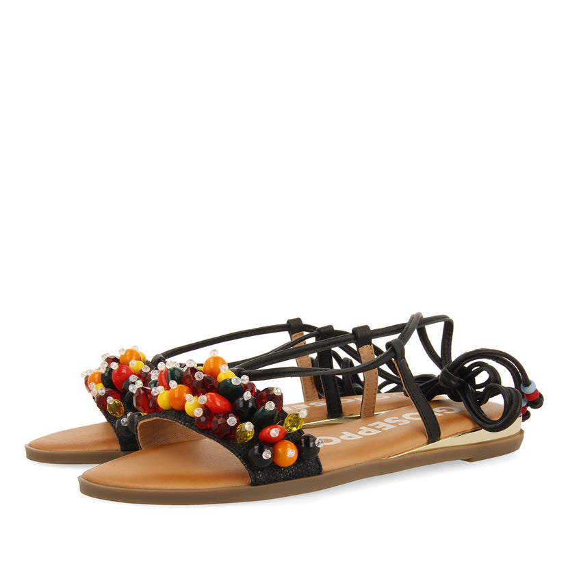 SANDALIAS NEGRAS DE PIEL CON ADORNOS MULTICOLOR Y TIRAS PARA MUJER KLOS
