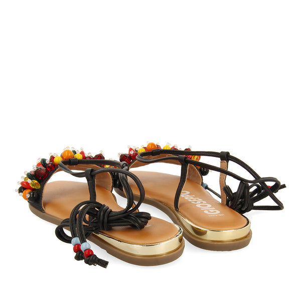 SANDALIAS NEGRAS DE PIEL CON ADORNOS MULTICOLOR Y TIRAS PARA MUJER KLOS