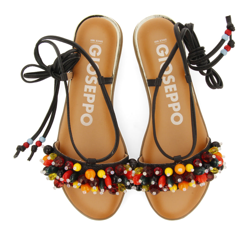 SANDALIAS NEGRAS DE PIEL CON ADORNOS MULTICOLOR Y TIRAS PARA MUJER KLOS