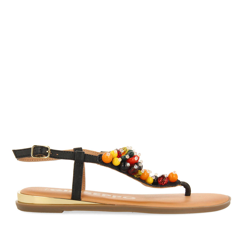 SANDALIAS NEGRAS DE PIEL CON ADORNOS MULTICOLOR PARA MUJER LEUCATE