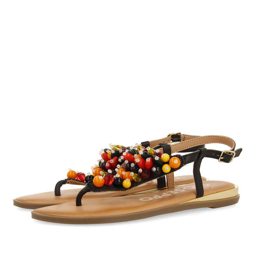 SANDALIAS NEGRAS DE PIEL CON ADORNOS MULTICOLOR PARA MUJER LEUCATE
