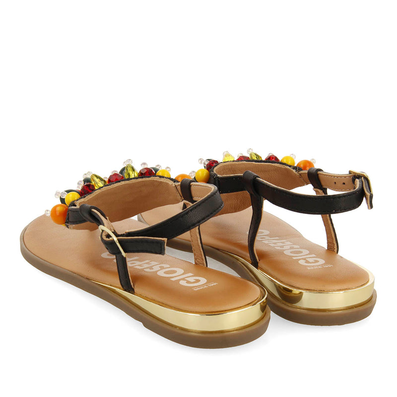 SANDALIAS NEGRAS DE PIEL CON ADORNOS MULTICOLOR PARA MUJER LEUCATE