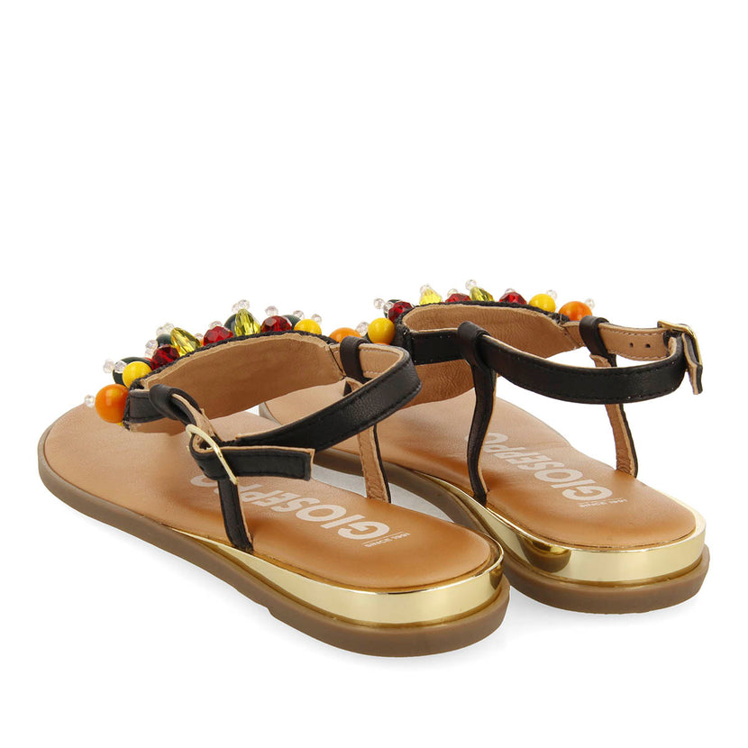 SANDALIAS NEGRAS DE PIEL CON ADORNOS MULTICOLOR PARA MUJER LEUCATE