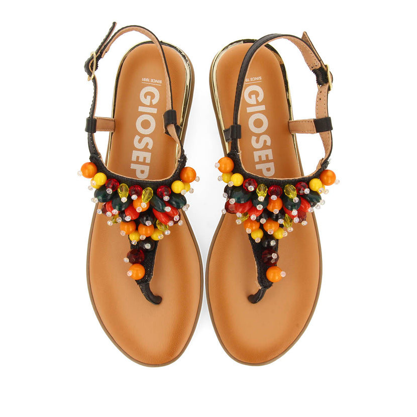 SANDALIAS NEGRAS DE PIEL CON ADORNOS MULTICOLOR PARA MUJER LEUCATE