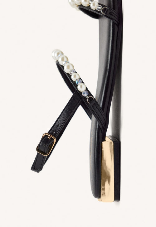 WOMEN'S BLACK LEATHER SANDALS WITH PEARLS ZERQAN