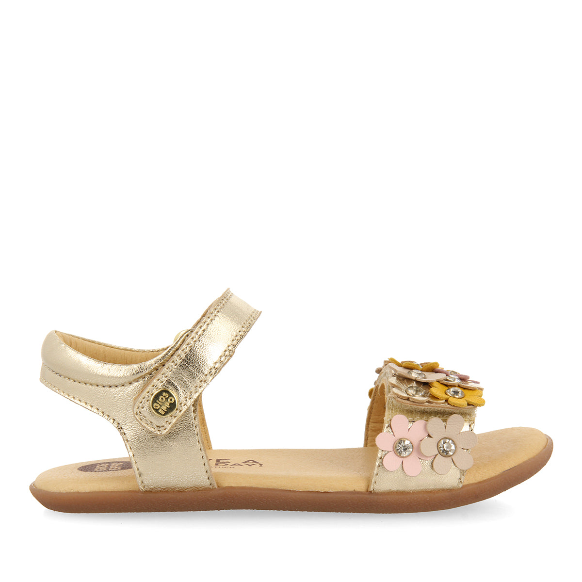 GOLDEN SANDALS WITH FLOWER EMBELLISHMENT AND ADJUSTABLE CLOSURES FOR GIRLS AND BOYS FRANKFORT