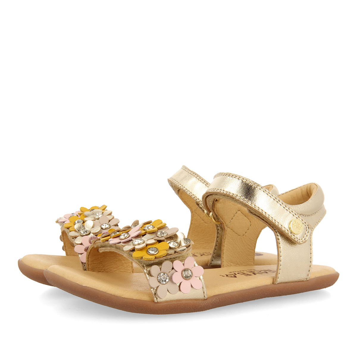 GOLDEN SANDALS WITH FLOWER EMBELLISHMENT AND ADJUSTABLE CLOSURES FOR GIRLS AND BOYS FRANKFORT