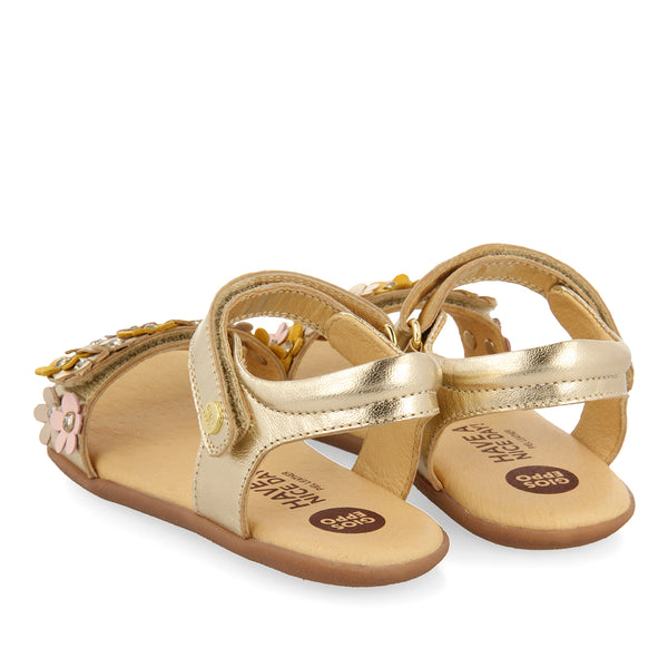 GOLDEN SANDALS WITH FLOWER EMBELLISHMENT AND ADJUSTABLE CLOSURES FOR GIRLS AND BOYS FRANKFORT