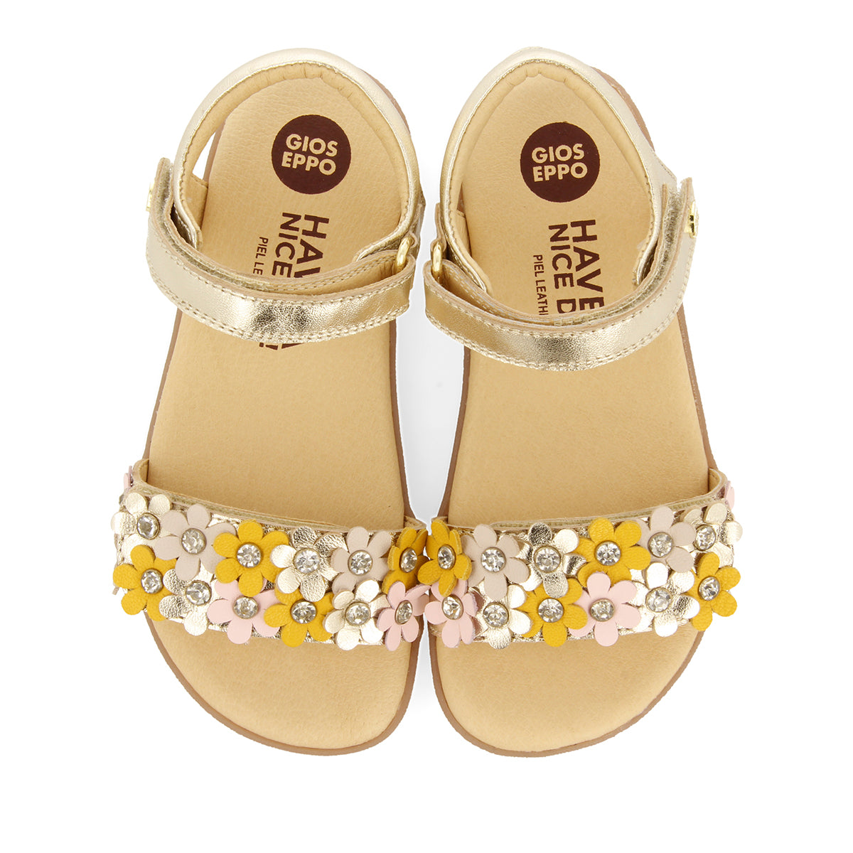 GOLDEN SANDALS WITH FLOWER EMBELLISHMENT AND ADJUSTABLE CLOSURES FOR GIRLS AND BOYS FRANKFORT