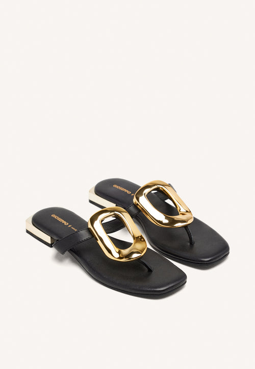 BLACK LEATHER SANDALS WITH METALLIC TRIM FOR WOMEN VENDRES