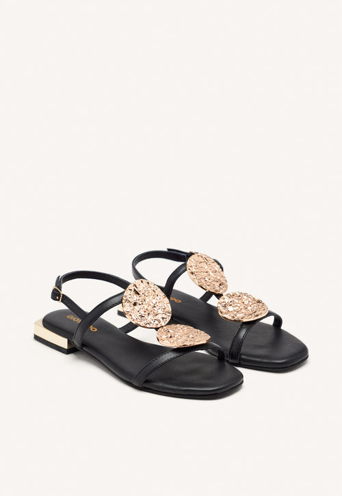 BLACK LEATHER SANDALS WITH METALLIC TRIM FOR WOMEN TROFA