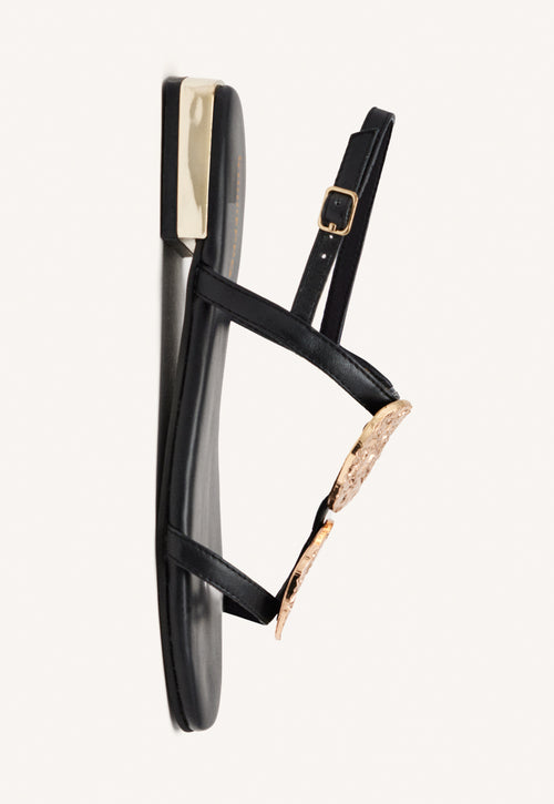 BLACK LEATHER SANDALS WITH METALLIC TRIM FOR WOMEN TROFA