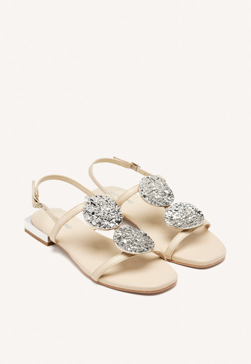 OFF WHITE LEATHER SANDALS WITH METALLIC TRIM FOR WOMEN TROFA