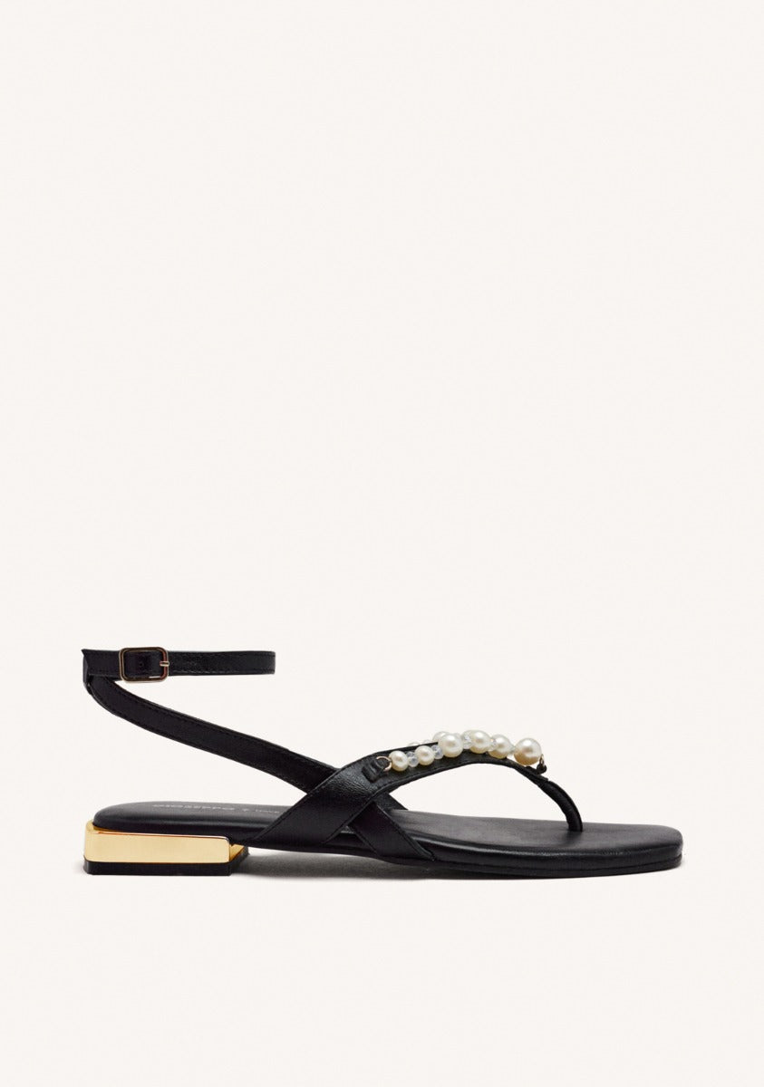 SANDALES POUR FEMMES EN CUIR NOIR AVEC PERLES SUMPTER