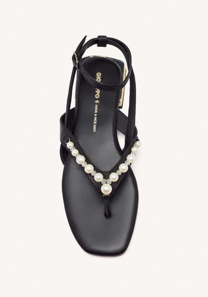 SANDALES POUR FEMMES EN CUIR NOIR AVEC PERLES SUMPTER