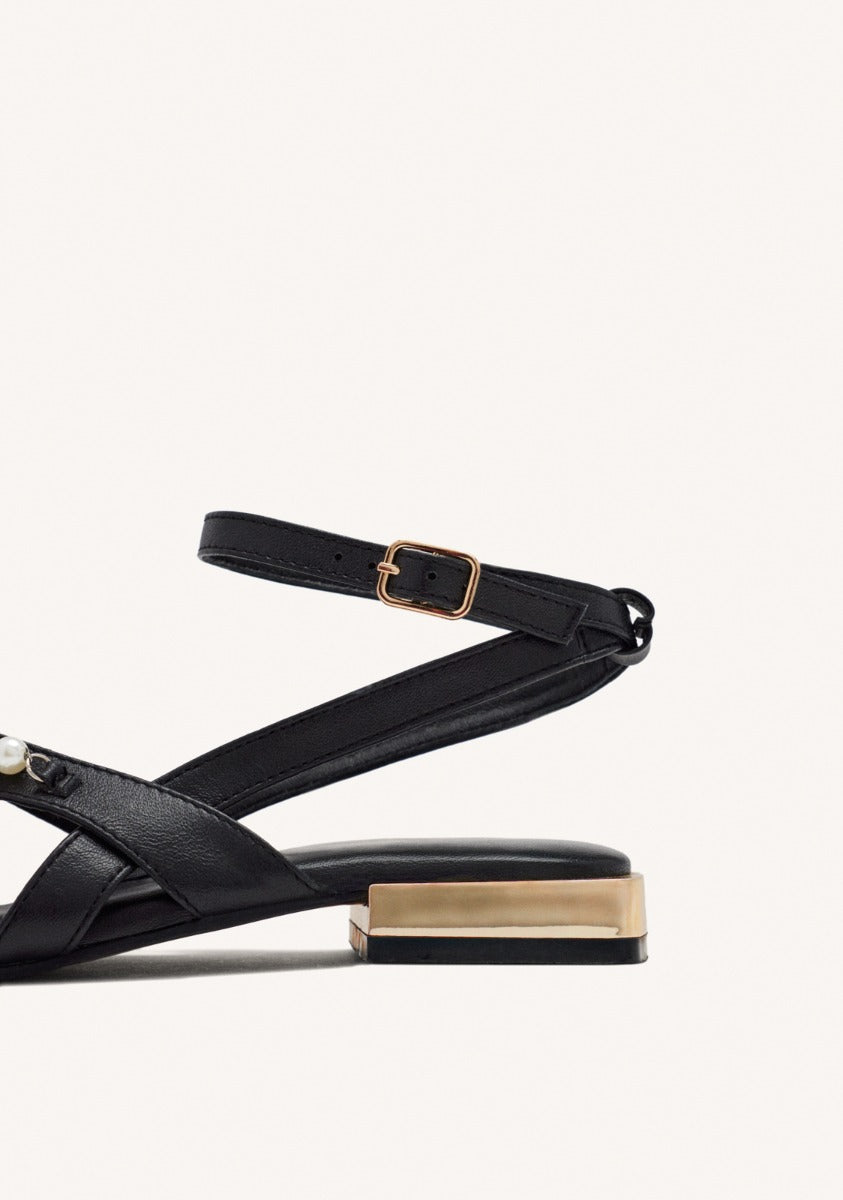 SANDALES POUR FEMMES EN CUIR NOIR AVEC PERLES SUMPTER