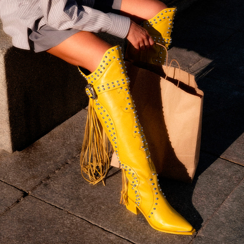 LEATHER HEELED BOOTS STUDS AND FRINGES - DOLLY BY MARÍA ESCOTÉ