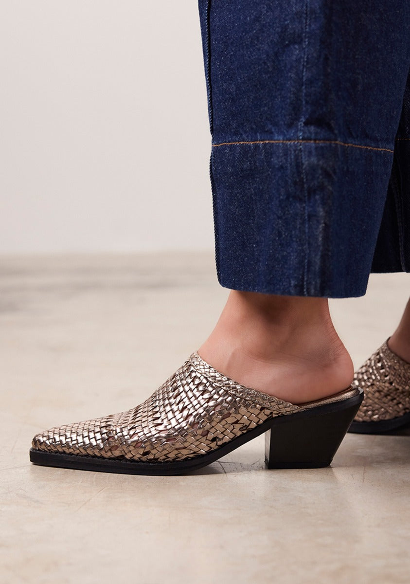METALLIC CLOGS WITH BRAIDED MULES STYLE HEEL IN LEATHER COPENHAGEN