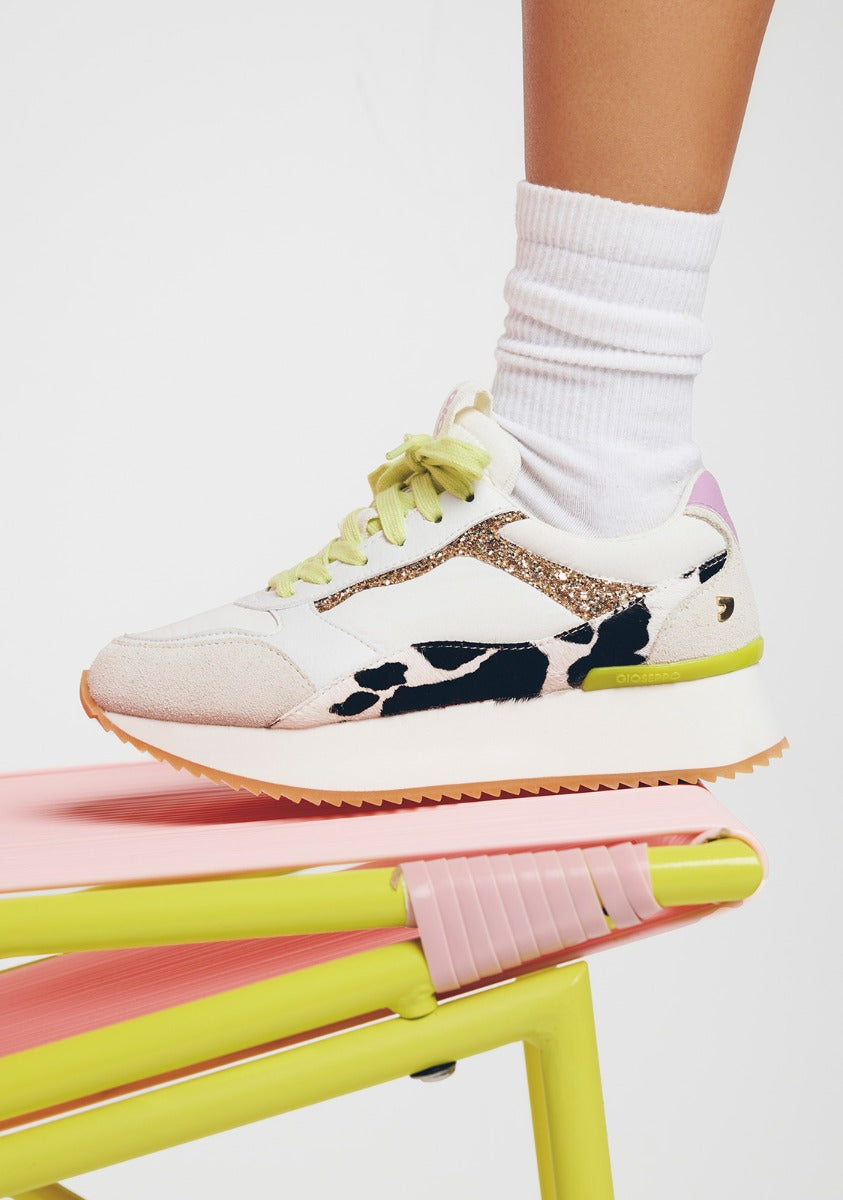BOSANOVA Sneakers Old School Donna Con Stampa Mucca E Suola Platform 3,5 Cm - Chiuse Con Lacci, Taglia 41