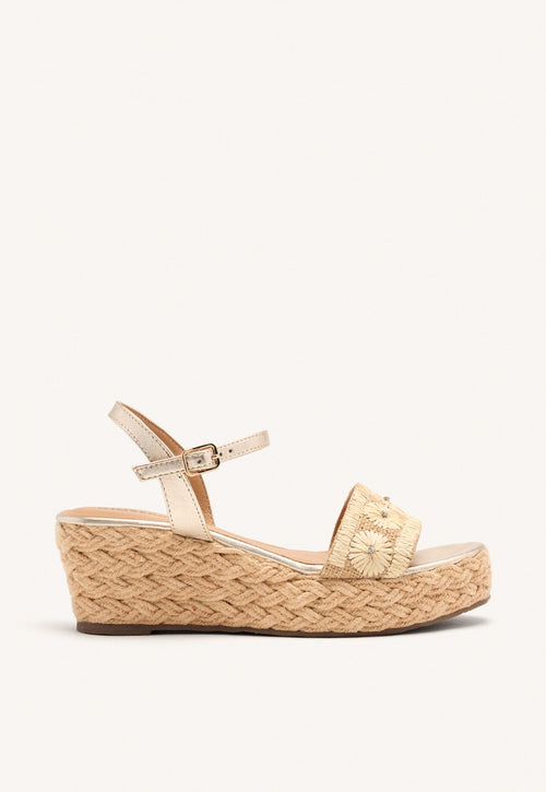 SANDALIAS BORDADO PIEL Y CUÑA RAFIA CANDIA