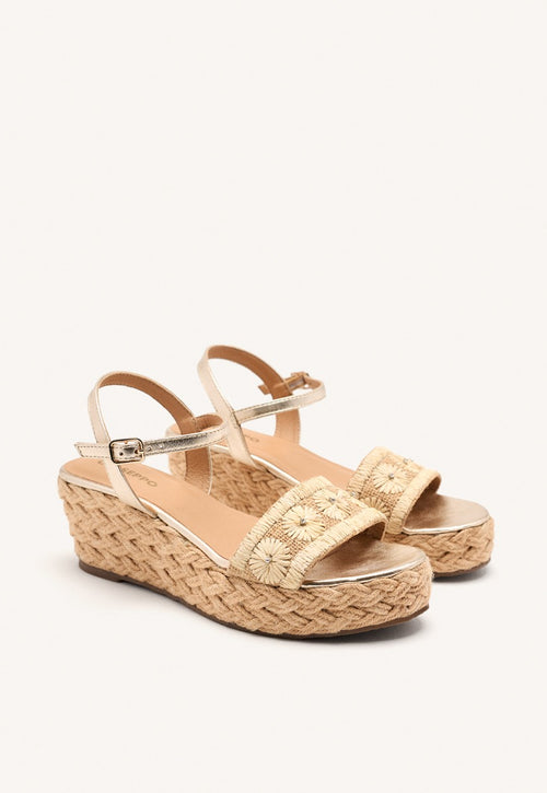 SANDALIAS BORDADO PIEL Y CUÑA RAFIA CANDIA