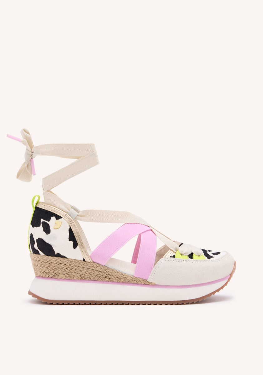 OPEN LEOPARD LEATHER SNEAKERS AND RAFFIA WEDGE LUDLOW