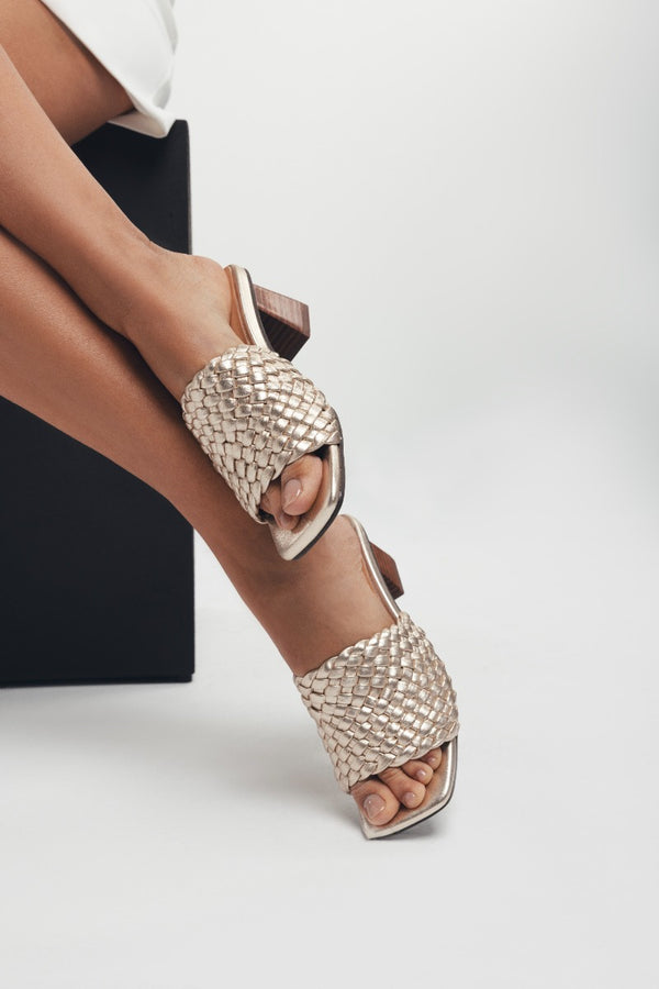 BRAIDED LEATHER HIGH HEEL MULES SANDALS COLRAIN